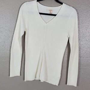 DKNY Jeans White Long Sleeve V-Neck Lightweight Ribbed Pullover Sweater L